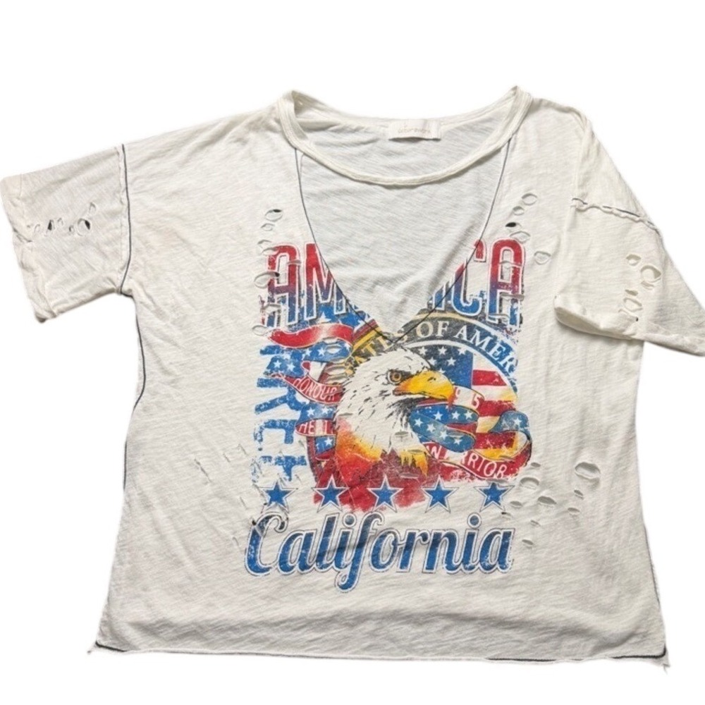 Patriotic Eagle Graphic Tee Distressed USA Americana Festival Boho Boxy Large - Picture 2 of 9